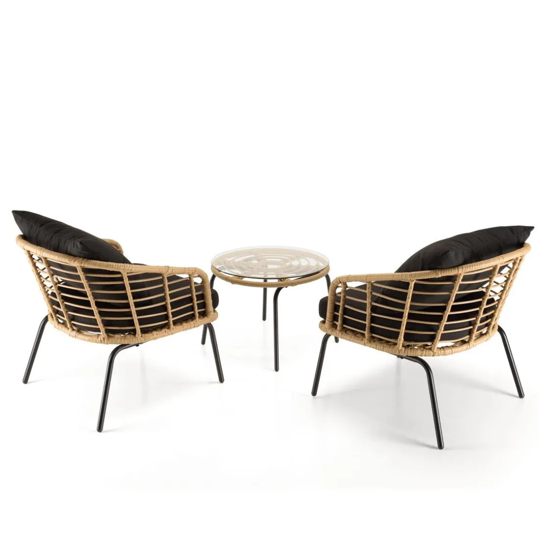 Ensemble de 2 fauteuils rotin synthétique et table basse ronde MALO