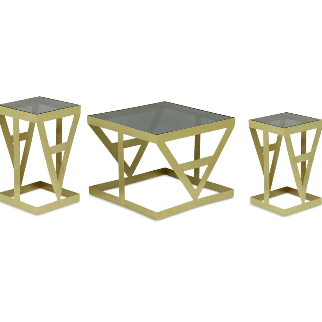 Ensemble de 3 tables d'appoint Amstra en Verre fumé et Métal Or