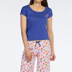 Ensemble Pyjama Femme Corsaire - Haut uni et bas imprimé bleu