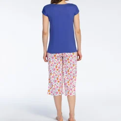 Ensemble Pyjama Femme Corsaire - Haut uni et bas imprimé bleu