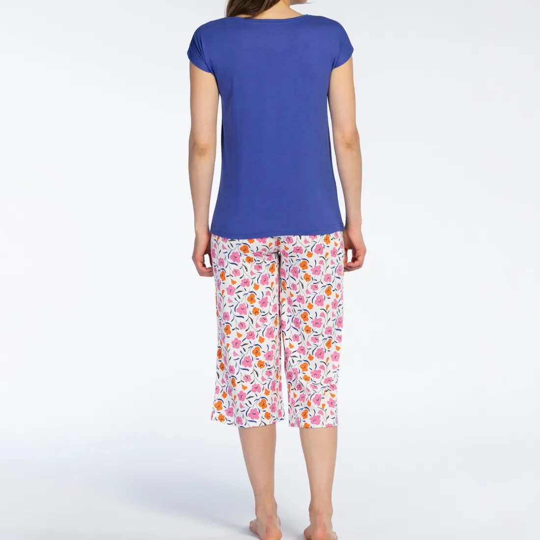 Ensemble Pyjama Femme Corsaire - Haut uni et bas imprimé bleu