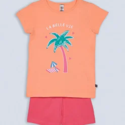 Ensemble Pyjama short haut imprimé devant et bas uni pêche