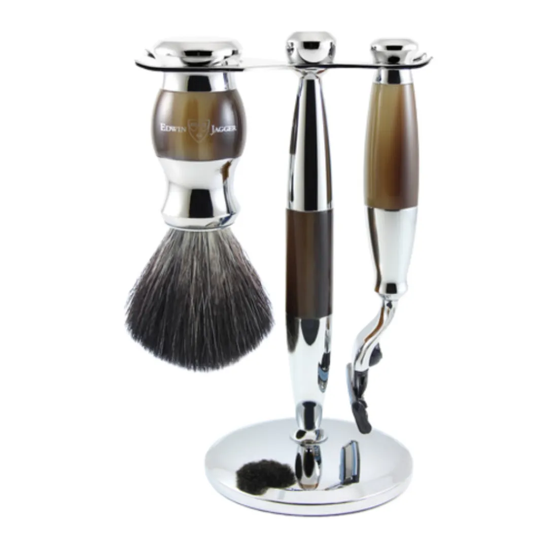 Ensemble Rasage 3 Pièces - Blaireau + Rasoir + Support 2 en 1 - Imitation Ébène et Chrome