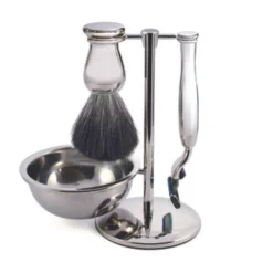 Ensemble Rasage 4 Pièces - Blaireau + Rasoir Gillette Mach3 + Bol + Support - Finition Chromée