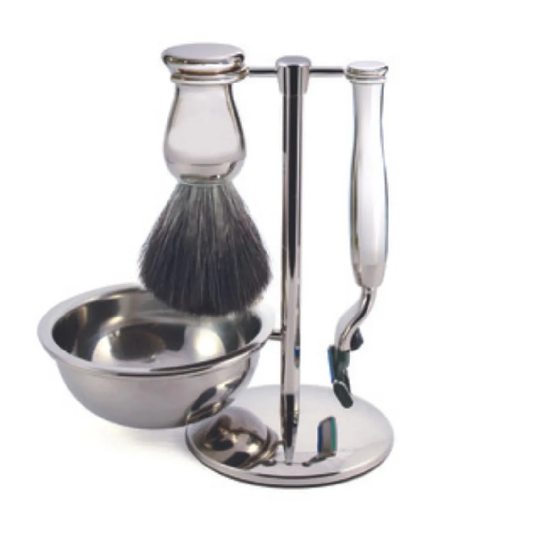 Ensemble Rasage 4 Pièces - Blaireau + Rasoir Gillette Mach3 + Bol + Support - Finition Chromée