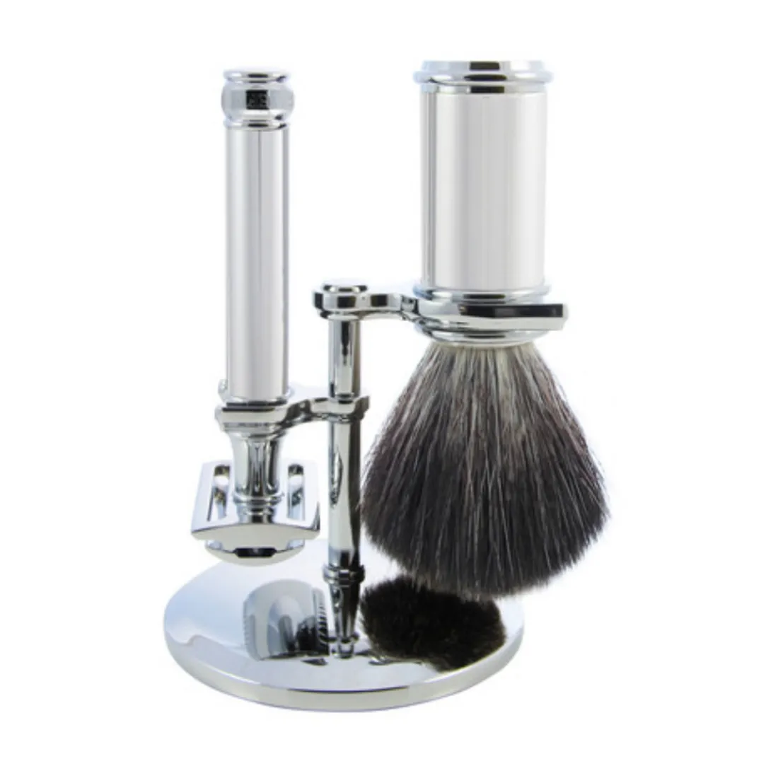 Ensemble Rasage 3 Pièces - Blaireau + Rasoire de Sécurité + Support - Chromé
