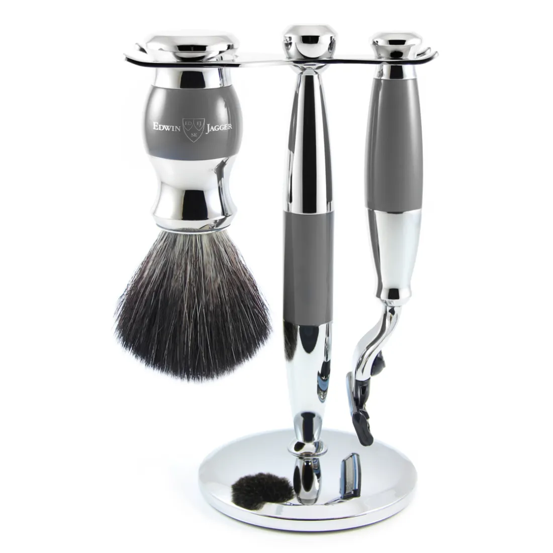 Ensemble Rasage 3 Pièces - Blaireau + Rasoir Gillette Mach3 + Support - Chromé et Gris