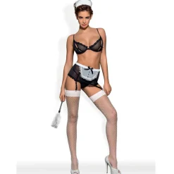 Ensemble servante porte-jarretelles noir en dentelle