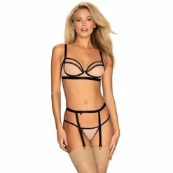 Ensemble Soutien-gorge corbeille, String et Porte-jarretelles Obsessive nude
