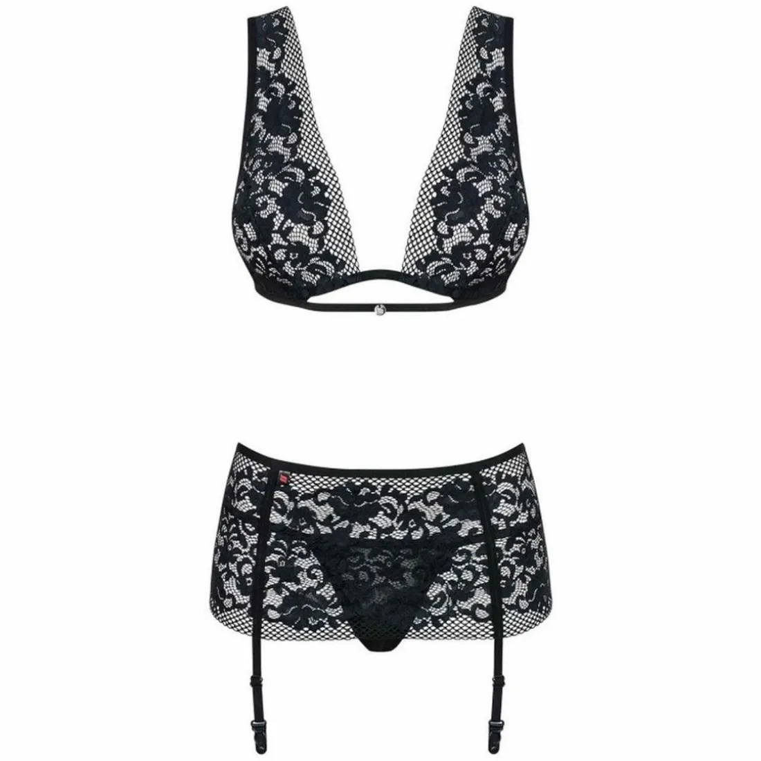 Ensemble Soutien-gorge plongeant, String et Porte-jaretelles - Noir