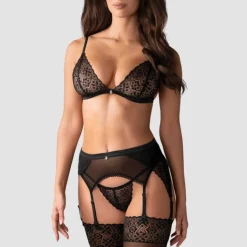 Ensemble soutien-gorge, string et porte-jarretelles noir