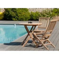 Ensemble table ronde 2 chaises pliantes en teck massif