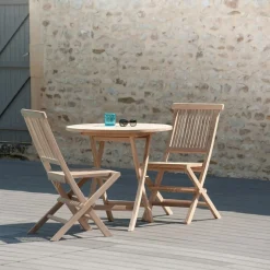 Ensemble table ronde 2 chaises pliantes en teck massif