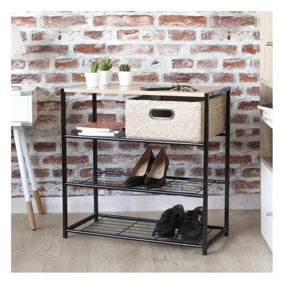 Etagère à chaussures 4 niveaux en acier et en bois Beige