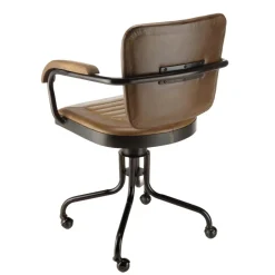 Fauteuil à roulettes assise et accoudoirs matelassée en cuir et en bois de manguier MARCEL Marron