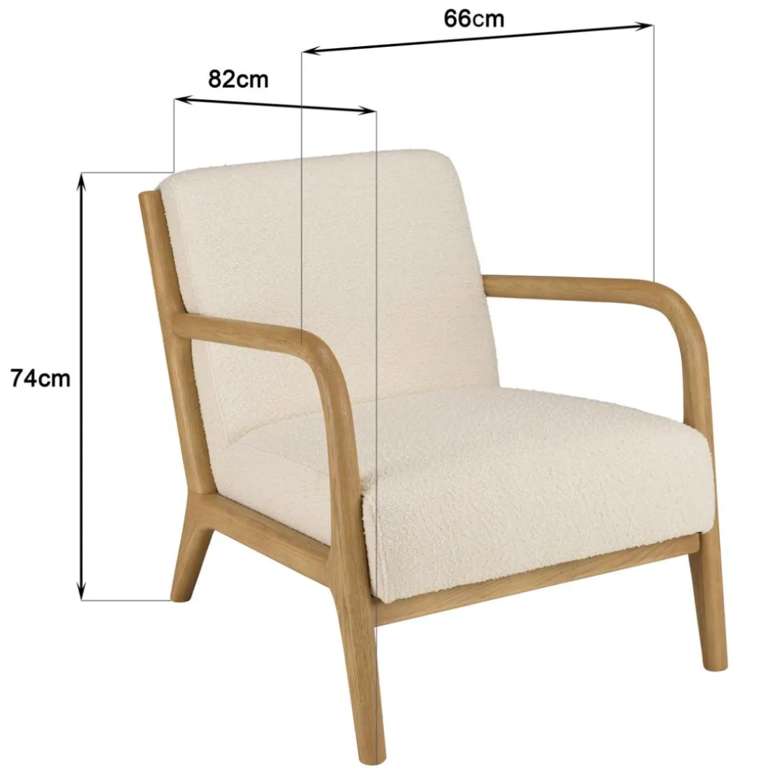 Fauteuil bas tissu bouclette écru structure et accoudoirs bois PIERRE
