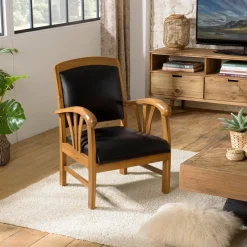 Fauteuil en teck et cuir style colonial - Noir