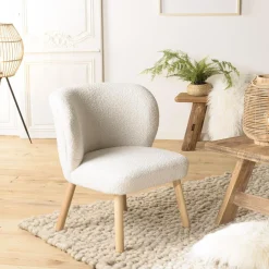 Fauteuil en tissu bouclette blanc pieds en bois