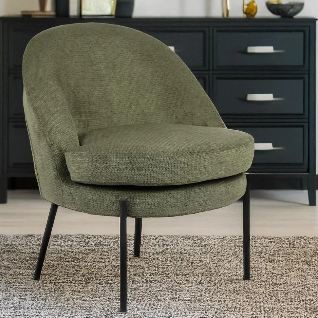 Fauteuil moderne au dossier arrondi Thiago Tissu Vert Kaki