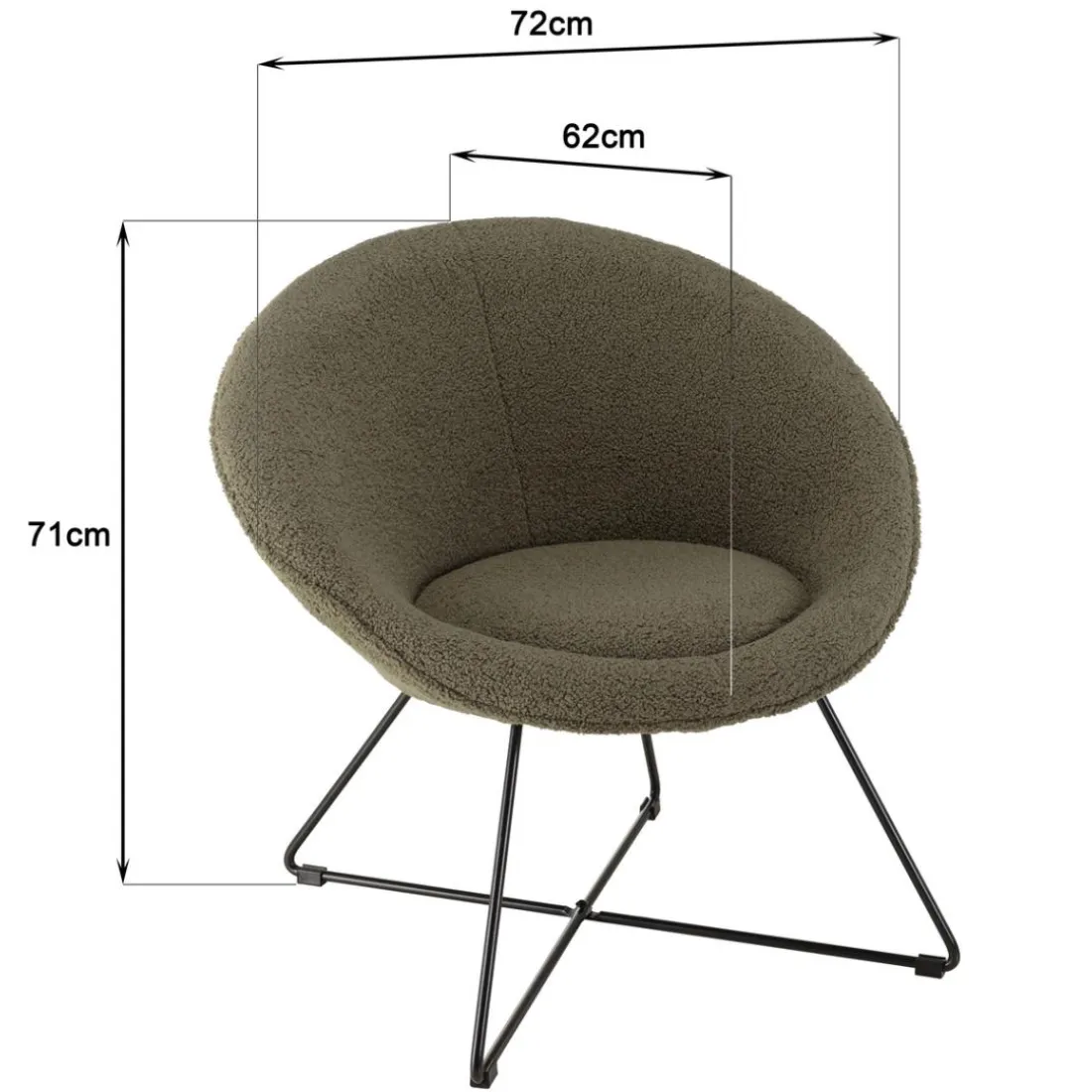 Fauteuil tissu bouclette vert kaki pieds croisés métal noir AGATHE
