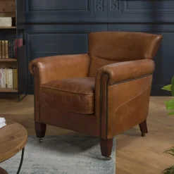 Fauteuil verone vintage cuir pieds bois avec roulettes GASTON