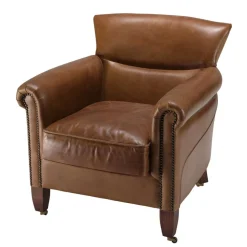 Fauteuil verone vintage cuir pieds bois avec roulettes GASTON