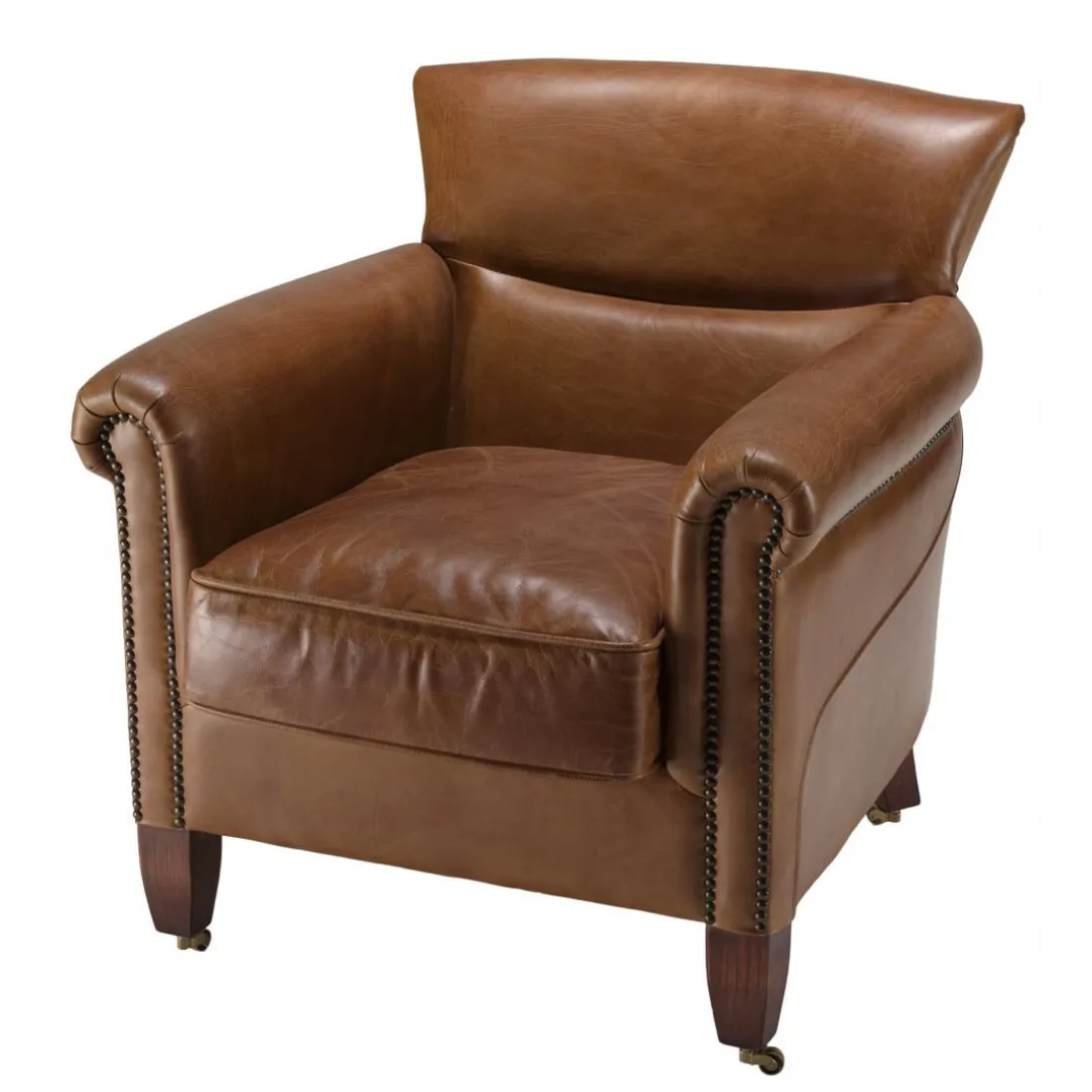 Fauteuil verone vintage cuir pieds bois avec roulettes GASTON