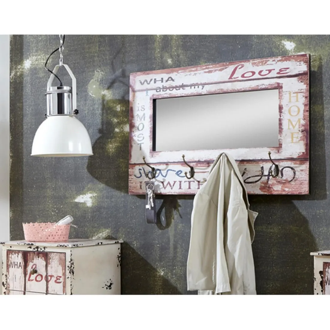 Garderobe murale et miroir vintage 4 crochets Love