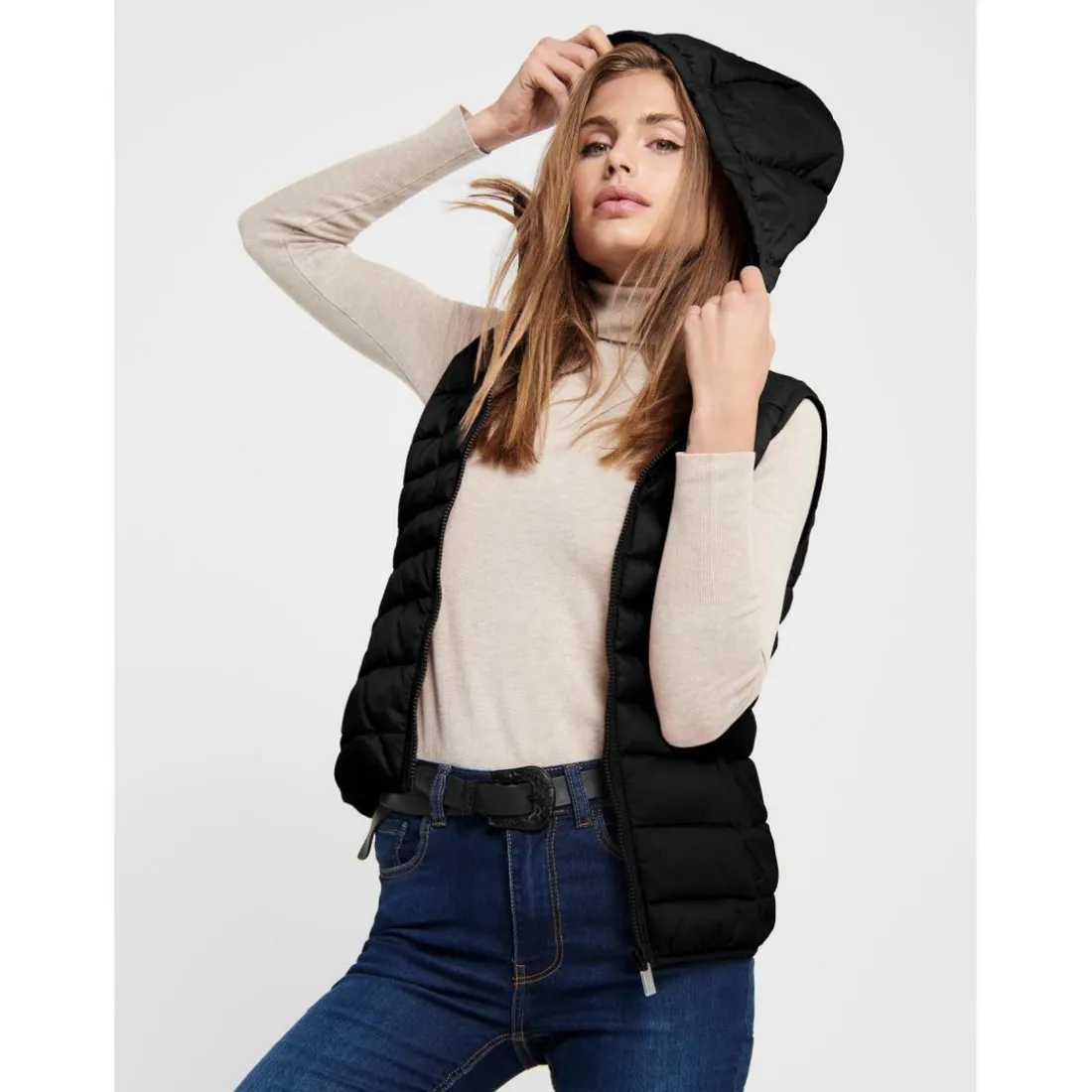 Gilet matelassé Col montant haut Sans manches Cordon de serrage à la taille noir en nylon