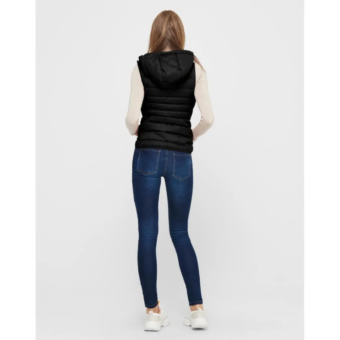 Gilet matelassé Col montant haut Sans manches Cordon de serrage à la taille noir en nylon