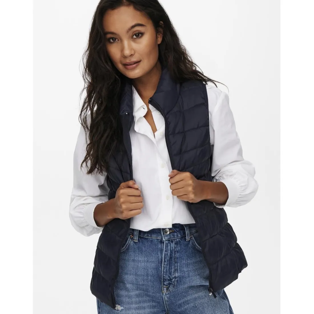 Gilet matelassé long col haut bleu foncé en nylon Ivy