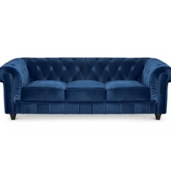 Grand Canapé Chesterfield 3 places Velours Bleu