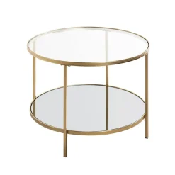 Grande table d'appoint ronde acier laqué d’or et plateaux miroir et verre trempé