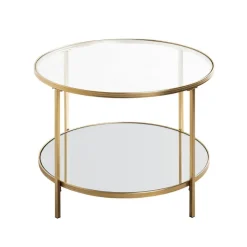 Grande table d'appoint ronde acier laqué d’or et plateaux miroir et verre trempé