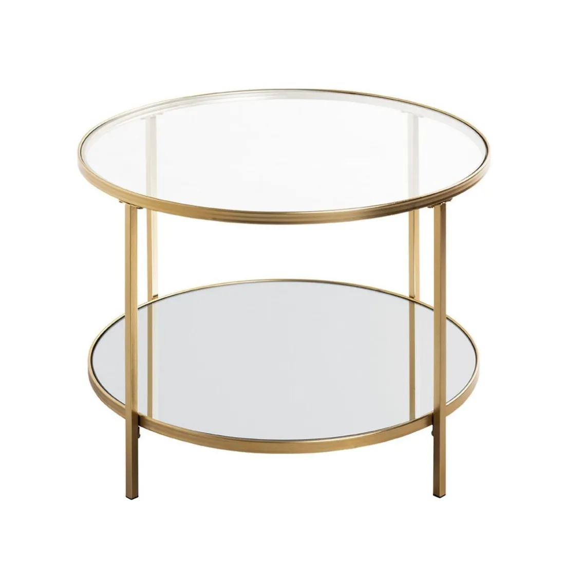 Grande table d'appoint ronde acier laqué d’or et plateaux miroir et verre trempé