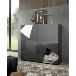 Highboard 2 portes gris laqué avec sérigraphie et miroir