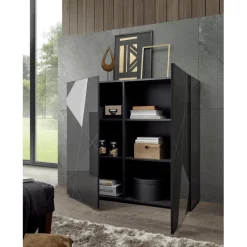 Highboard 2 portes gris laqué avec sérigraphie et miroir