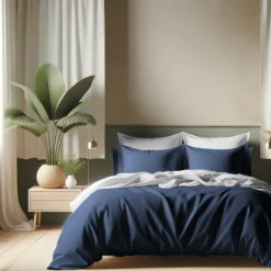 Housse de couette Coton TERTIO® - Blanc / Bleu indigo