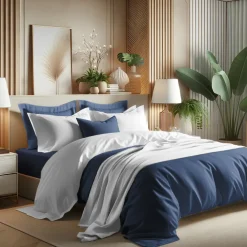 Housse de couette Coton TERTIO® - Blanc / Bleu indigo