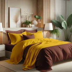 Housse de Couette Coton TERTIO® - Curry / Chocolat