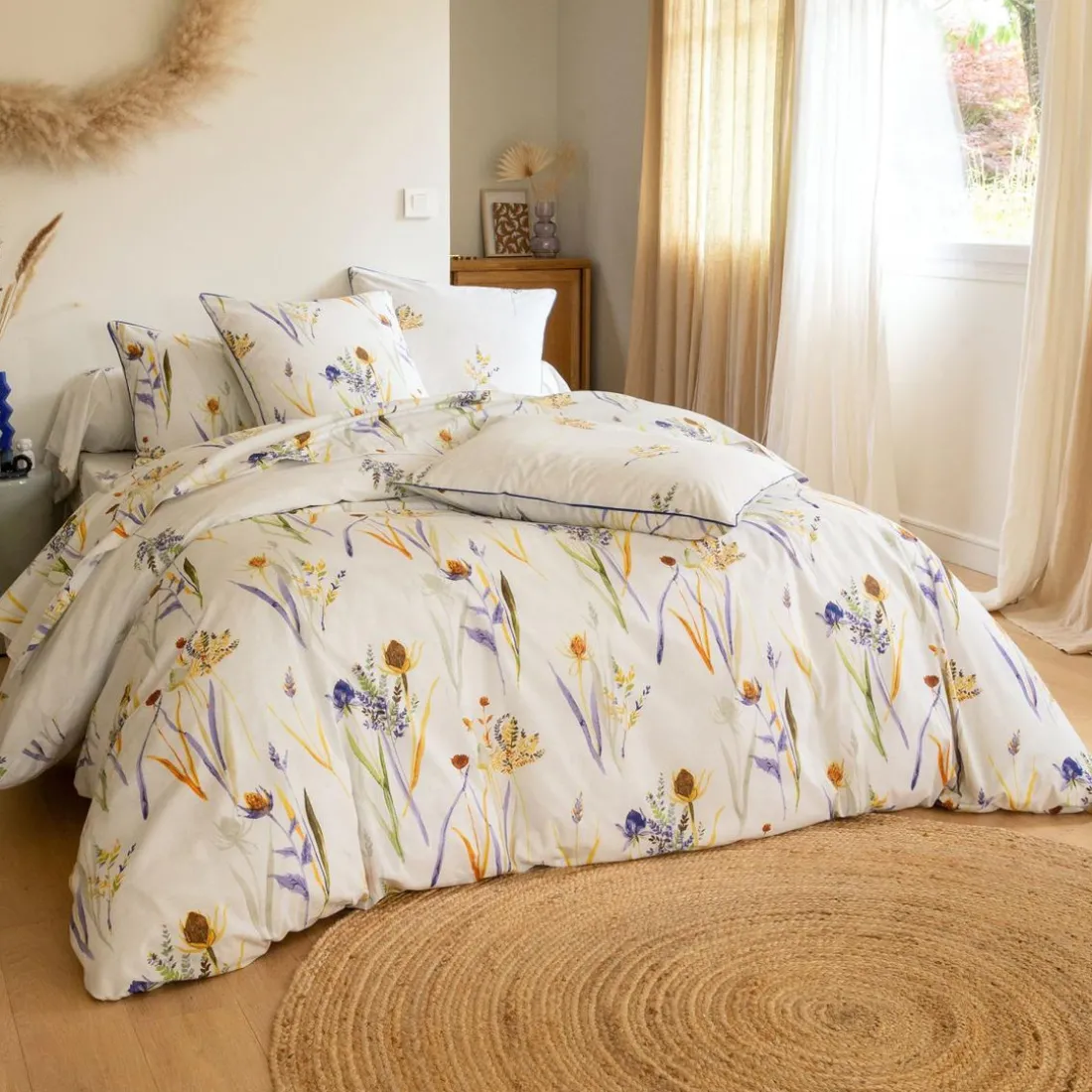 Housse de couette double face ALBA feuilles et bouquets jaune