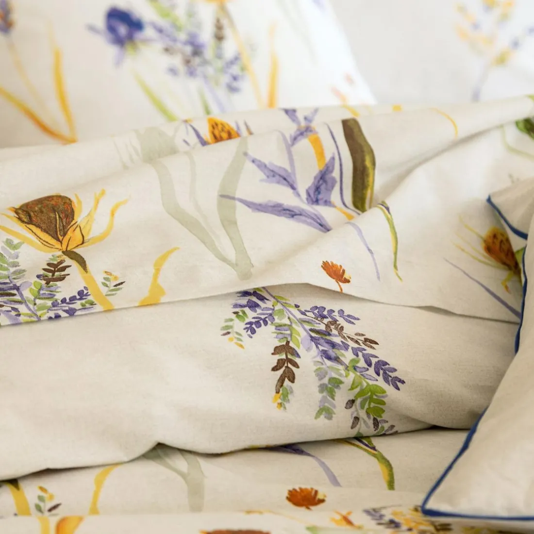 Housse de couette double face ALBA feuilles et bouquets jaune