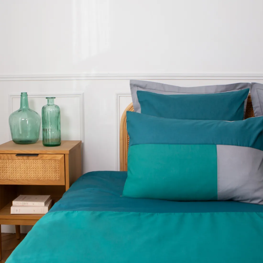 Housse de couette en coton TRIO - Bleu Canard / Gris