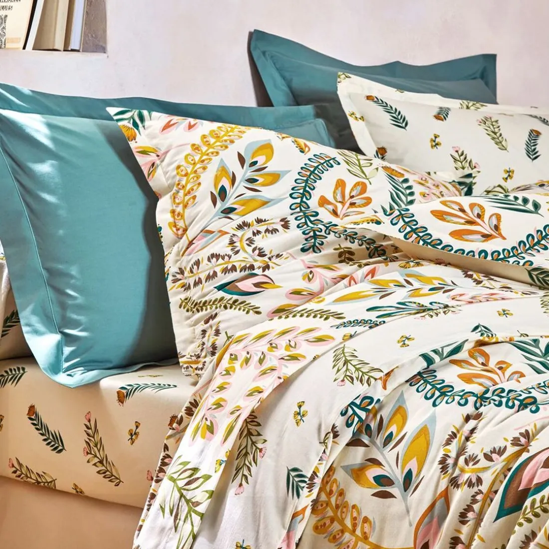 Housse de couette en coton motif feuillage beige PAULINE