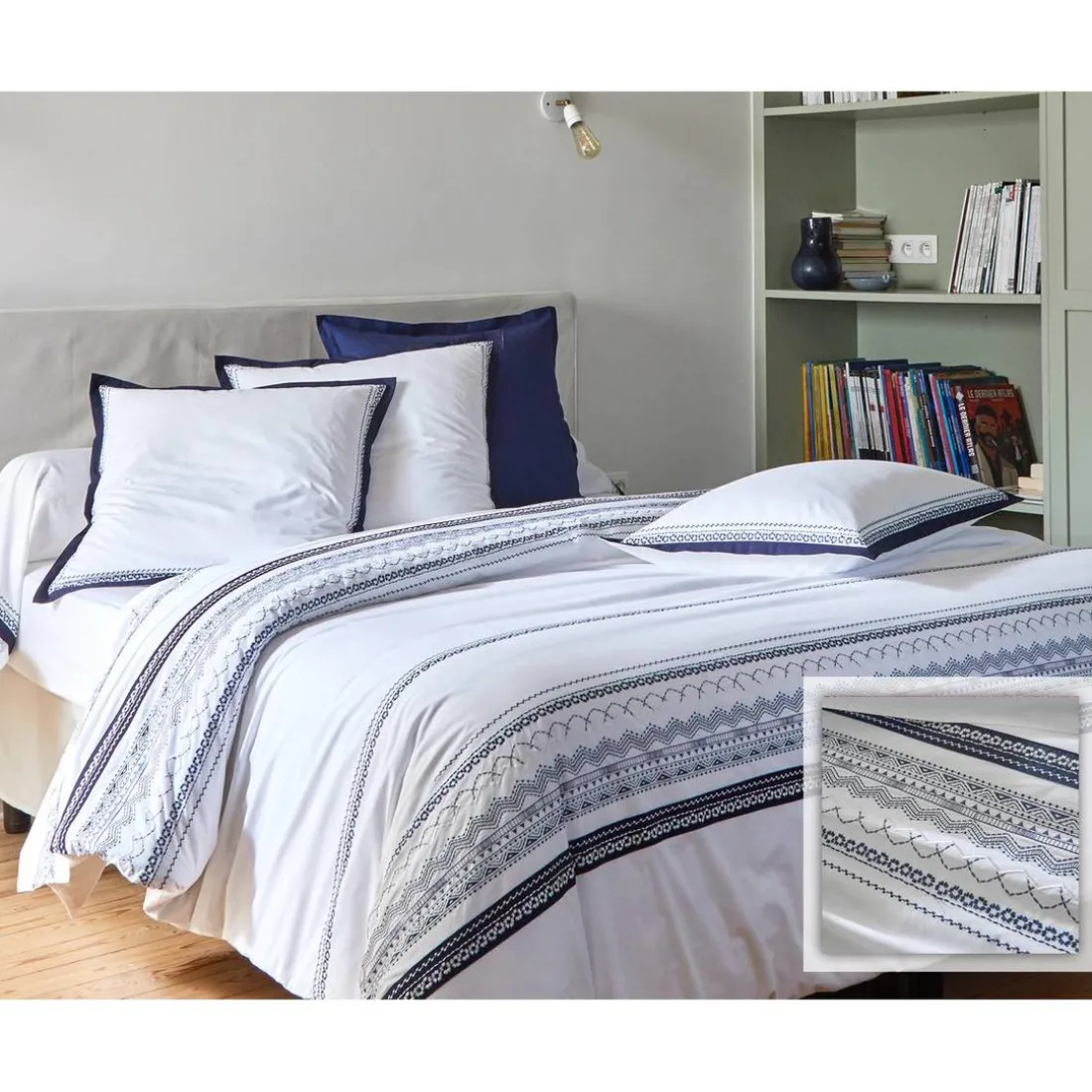 Housse de couette en percale de coton frises brodées CUPTEA bleu marine