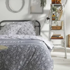 Housse de couette Grise Coton 57 Fils Imprimé Capucine - Charme