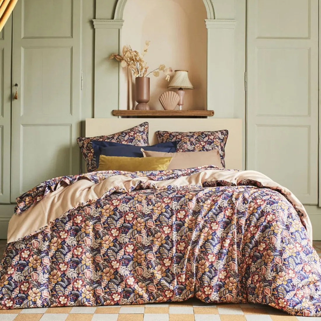 Housse de couette imprimée en satin de coton, Folk-flowers