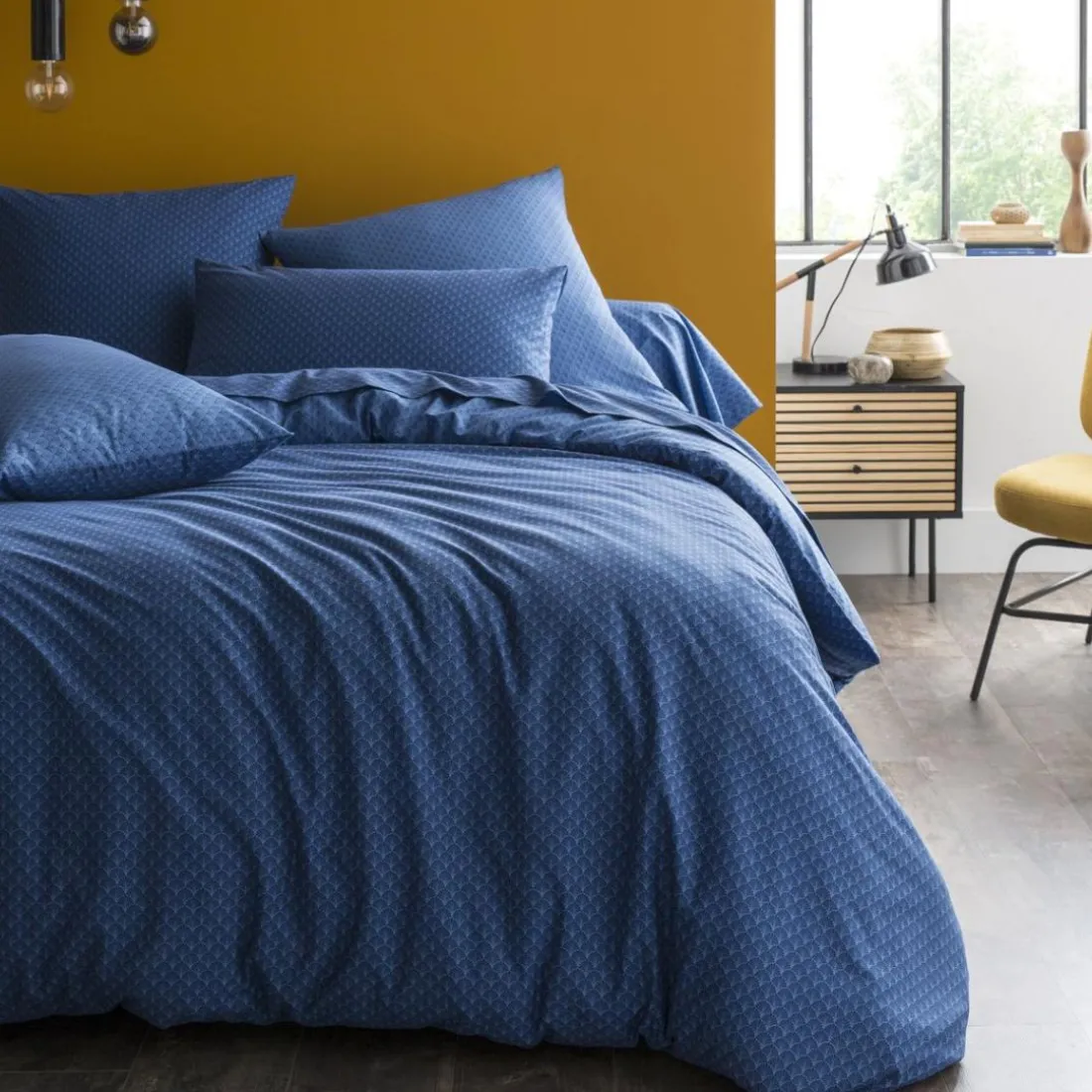 Housse de couette imprimée en bambou CAMILLE Bleu marine