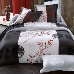 Housse de couette motifs zen bambous et idéogrammes - Noir