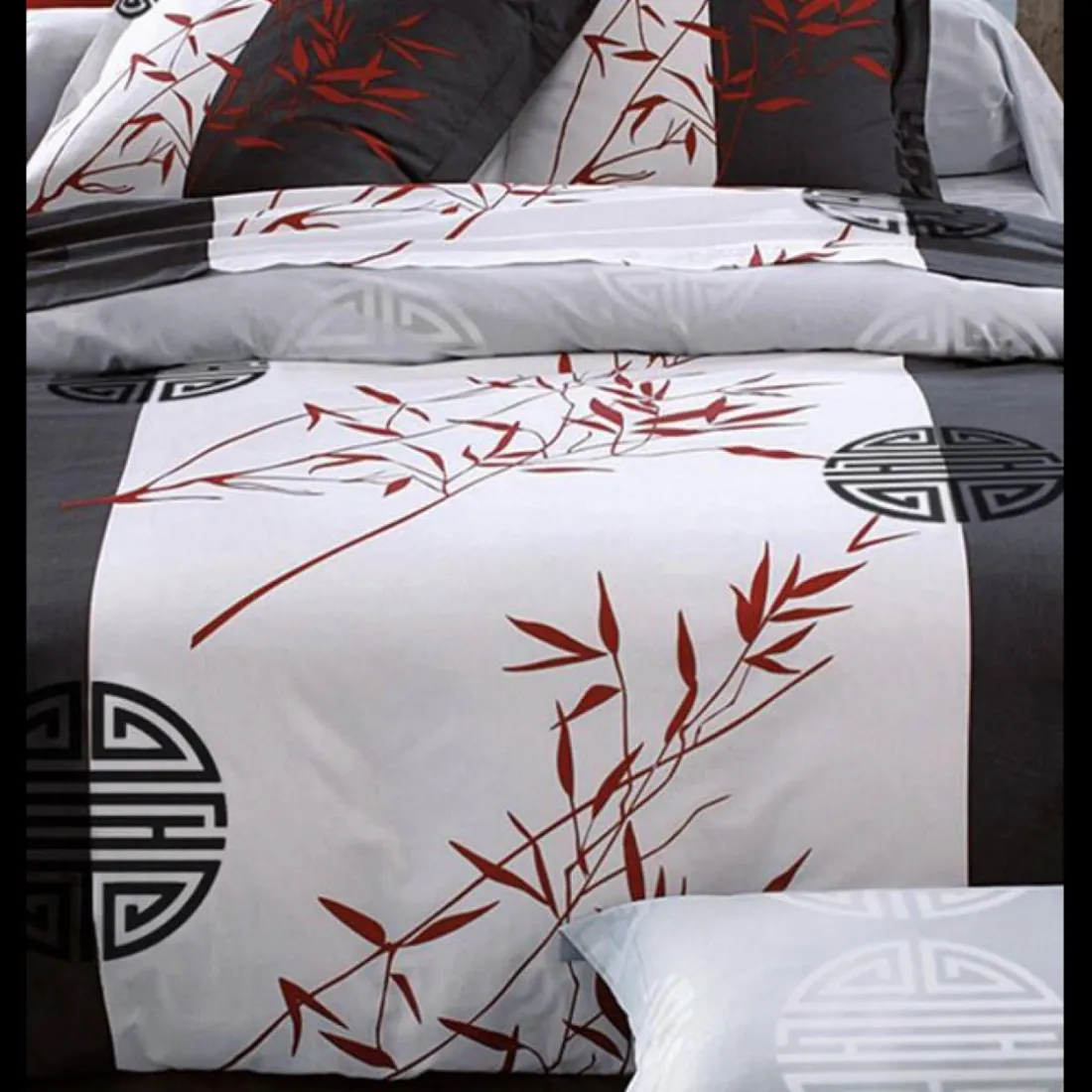 Housse de couette motifs zen bambous et idéogrammes - Noir